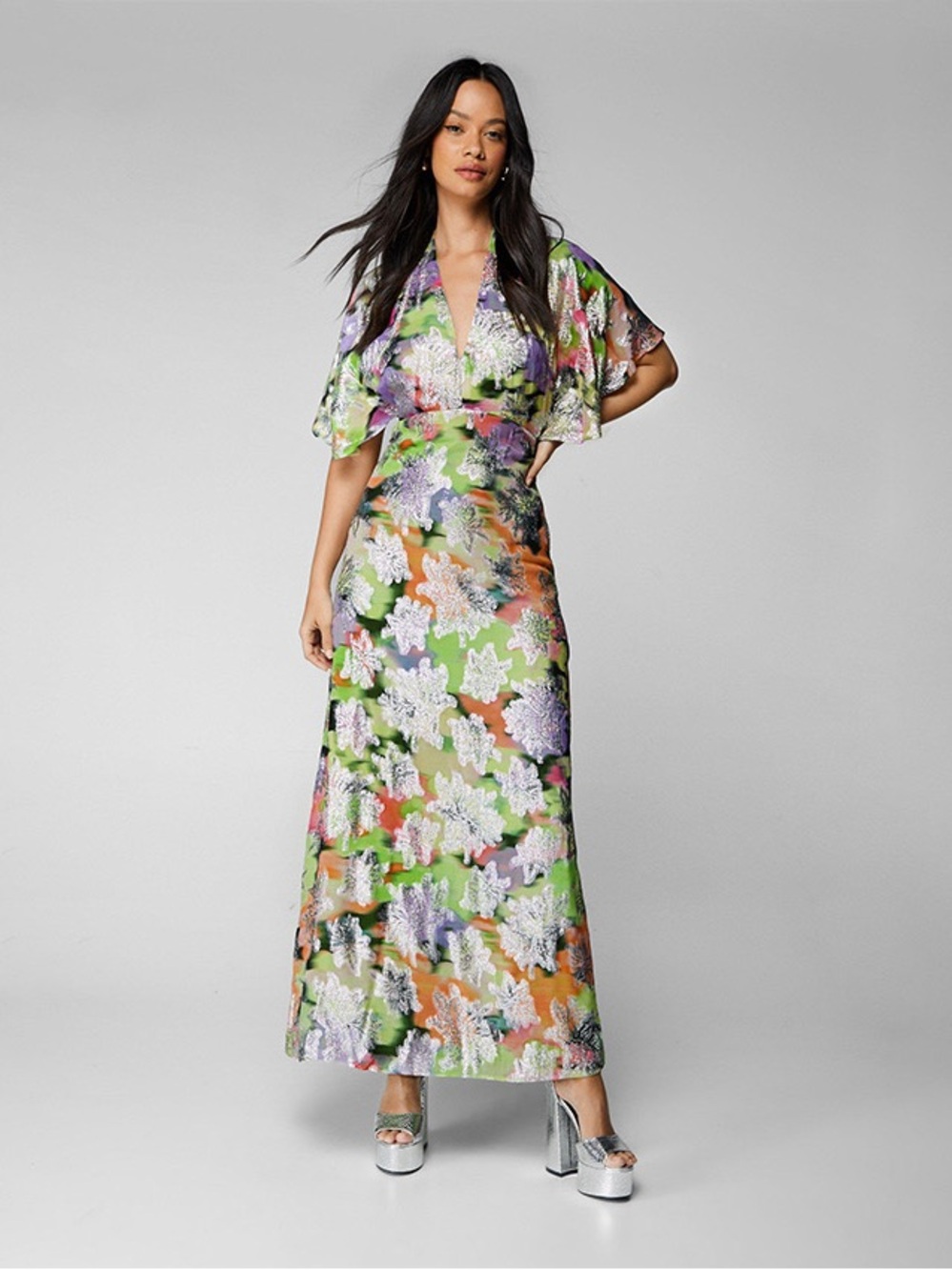 Nasty Gal Metallic Floral Angel Sleeves Maxi Dress